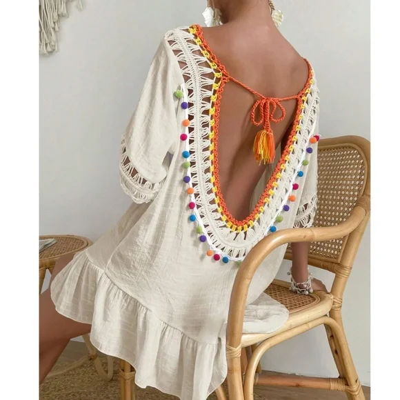 Boho Crochet Semi Sheer Half Sleeve Open Back Beach Coverup - Picture 2 of 5